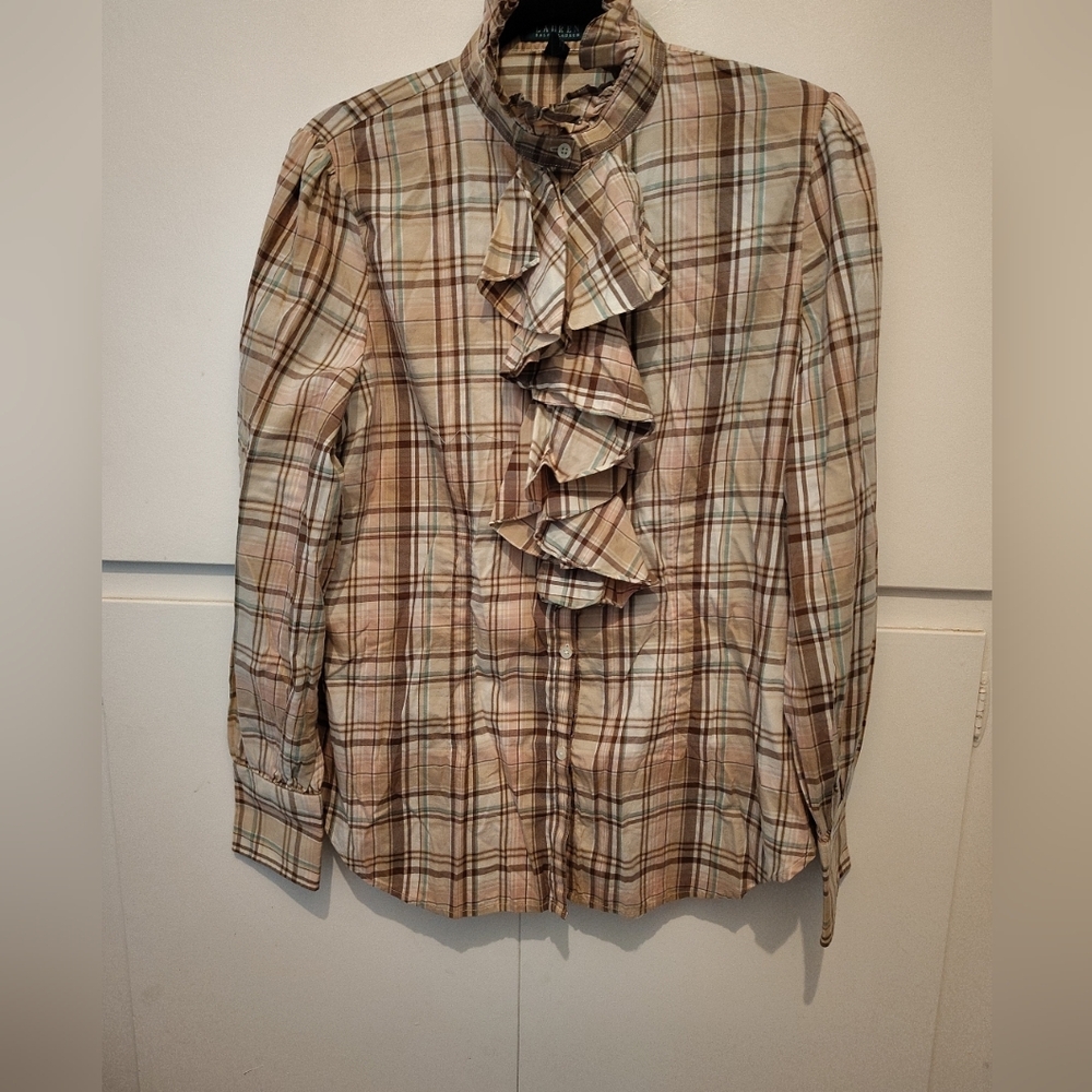 Vintage Lauren Ralph Lauren Plaid Cascading Ruffles Button Down Shirt Size XL